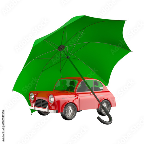 Car under umbrella on white...