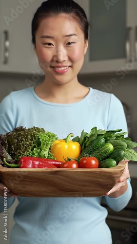 Smiling Asian Woman Holding Wooden Bowl of Colorful Fresh Vegetables in Bright Kitchen Displaying Healthy Ingredients