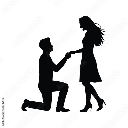 Silhouette of a man proposing to a woman romantic couple marriage proposal engagement love vector illustration