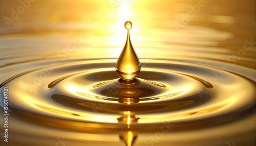 Blue droplets of water, oil, and gold ripple into an abstract splash