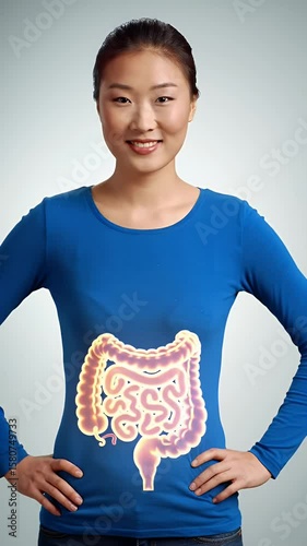 Smiling Asian Woman with Glowing Intestine Illustration Emphasizing Digestive Health and Gastrointestinal Wellness in Blue Long Sleeve Outfit