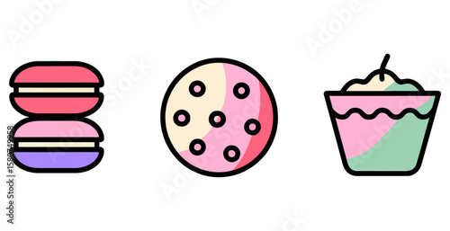 Photos Vector art of macaroon, cookie, and cupcake icons