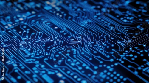Close-up of a glowing blue circuit board with intricate pathways and connections.