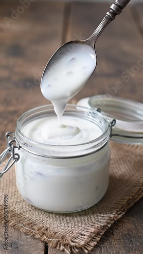 Thick White Yogurt Being Poured into Glass Jar with Spoon on Rustic Wooden Table
