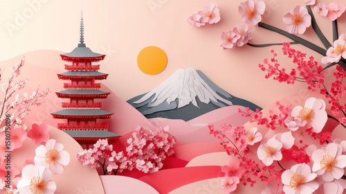 Paper art illustration of Mount Fuji, cherry blossoms, and a pagoda.