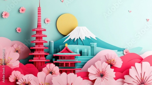 Paper art illustration of Japan's iconic landmarks, Mount Fuji, and cherry blossoms.