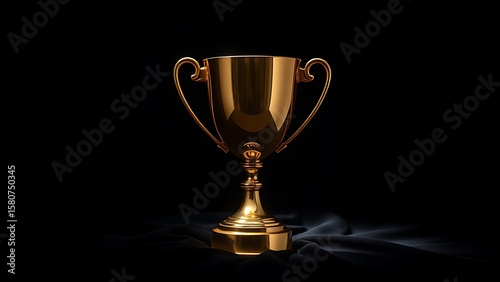 Golden trophy cup resting on dark velvet, illuminated by dramatic overhead lighting, showcasing reflective metallic details.