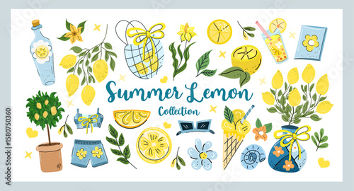 Whimsical lemon themed vector set in dopamine summer style citrus drinks, cute outfits, fresh greenery, and playful hand drawn details for vibrant creative projects.