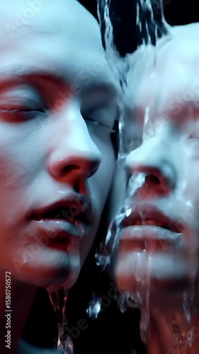 Two Pale Faces Under Flowing Water in Blue and Orange Lighting Dark Background Abstract Beauty And Purity Concept