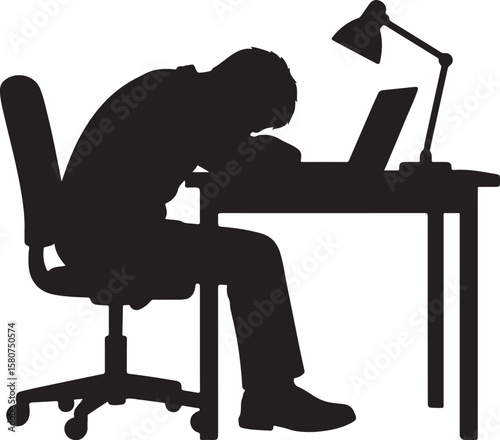Overworked Man Sleeping at Desk Silhouette for Work Stress and Exhaustion Concept