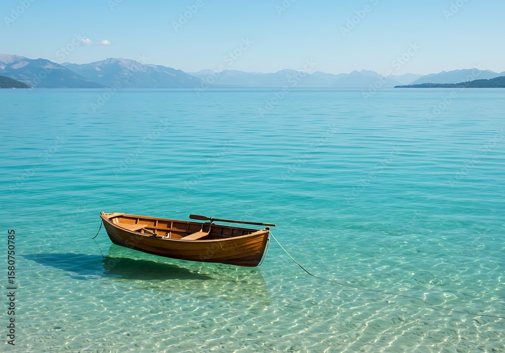 Fototapeta premium A wooden rowboat floats serenely on clear blue water