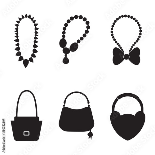 Collection of black silhouette icons featuring necklaces and handbags on a white background