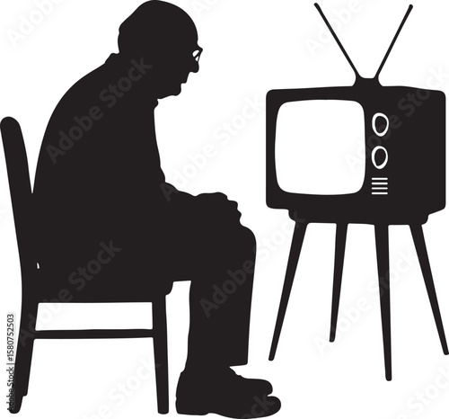 Silhouette of Senior Man Watching Old TV for Nostalgia and Vintage Entertainment Concept