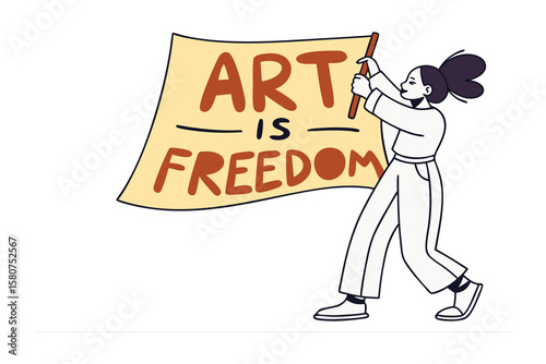 Artistic Liberty: A person boldly holds aloft a banner proclaiming "Art is Freedom," embodying the spirit of creative expression, liberation, and the power of the arts to transcend boundaries.