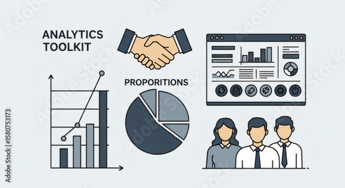 Illustrative graphic showcasing business analytics tools, teamwork, and data visualization.
