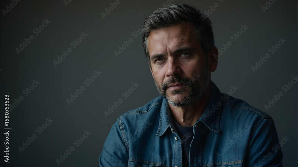 A serious man with stubble stares intently against a dark background, conveying a sense of intensity and contemplation. A serious man with stubble stares intently against a dark background, conveying a sense of intensity and contemplation.