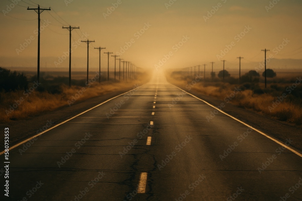 Fototapeta premium Long desert highway with heat mirage and distant cars, evoking travel, solitude, and summer road trips.