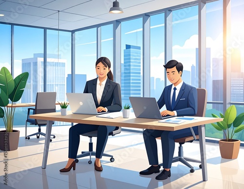 An illustration of a professional man and woman working at a modern office desk, using laptops and documents, with natural daylight coming through large windows, soft neutral colors, realistic lightin