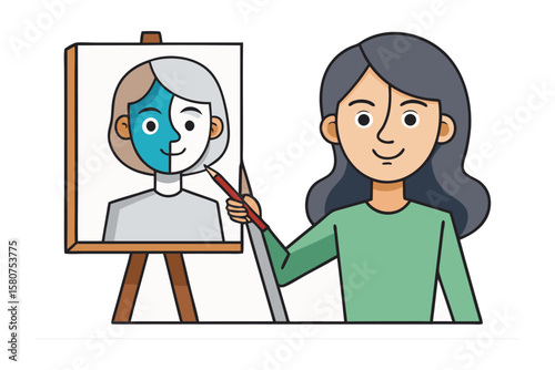 Young woman with teal hair wearing a red apron skillfully weaves colorful threads on a wooden loom creating a vibrant textile masterpiece