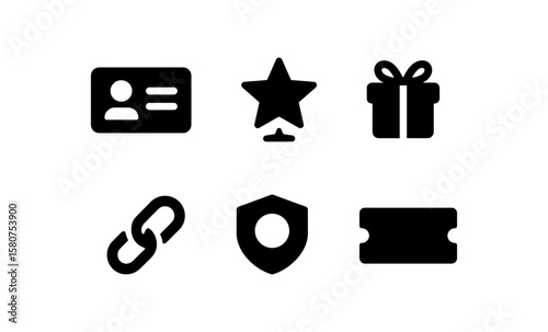 Loyalty program symbols: identification, star, gift, link, shield, ticket