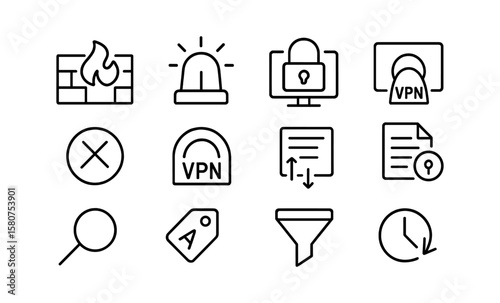 Cybersecurity icon set: firewalls, vpn, and search symbols for digital protection
