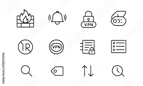 Network security icons: firewall protection and search discovery symbols in linear style