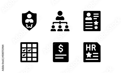 Essential business icons set: leader badge, organization, performance review, skill matrix, payroll card, hr policy