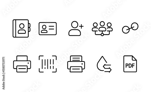 Icons for contacts, networking, printing, and scanning in modern linear style