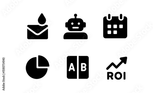 Minimalist business icons: email, chatbot, calendar, analytics, testing, roi