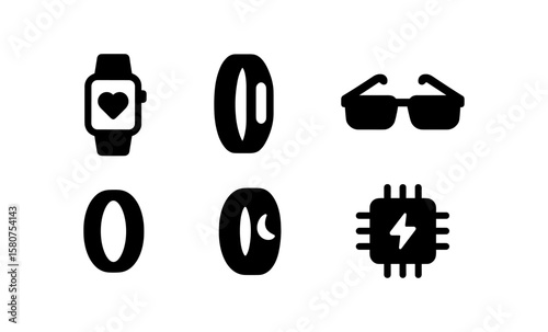 Smart wearables design collection featuring watch, band, ring, glasses, tracker, and chip icons