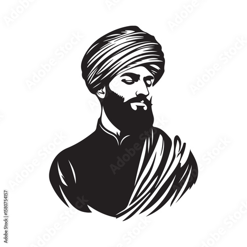 Vector illustration of a sketch of an Arab man with a turban and a beard, depicted with smooth lines and a minimalist style isolated on a white background