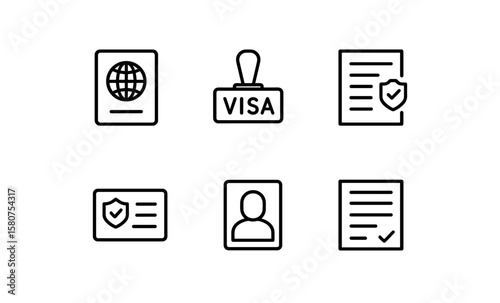 Minimalist travel icons set featuring passport, visa, and customs elements