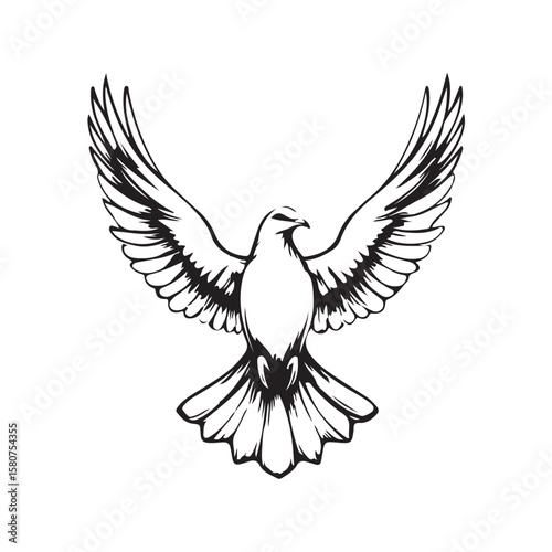 Vector illustration of a sketch of a flying dove with smooth lines and simple details isolated on a white background.