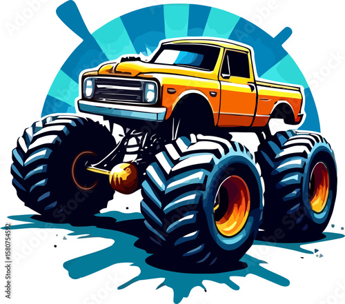 Vector art of a yellow monster truck isolated on white background