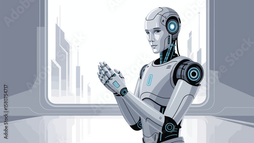 Futuristic Robotics Lab – Humanoid AI Prototype with Exposed Chest Circuitry; Scientific Tools, Digital Schematics, Precision Engineering, Innovation in Artificial Intelligence