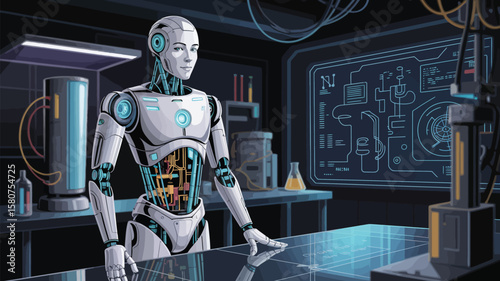 Futuristic Robotics Lab – Humanoid AI Prototype with Exposed Chest Circuitry; Scientific Tools, Digital Schematics, Precision Engineering, Innovation in Artificial Intelligence