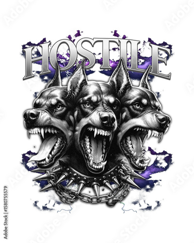 Hostile Dog:Three-headed Doberman Pinscher, fierce, aggressive, monochrome, edgy, dark, gothic, metal, rock, hardcore, punk, illustration, graphic, art, design, tattoo, fierce, aggressive, powerful.