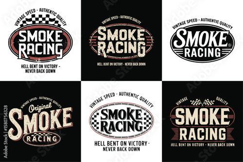 Vintage Smoke Racing Logo Badge Set with Retro Typography and Classic Motorsport Style for Apparel Branding and Automotive Design