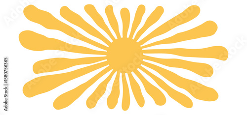 Groovy sun pattern, retro ray burst background, summer radial wave, abstract sunshine texture, vintage boho flower, cartoon yellow funky beam print. Light geometric positivity bg. Vector illustration