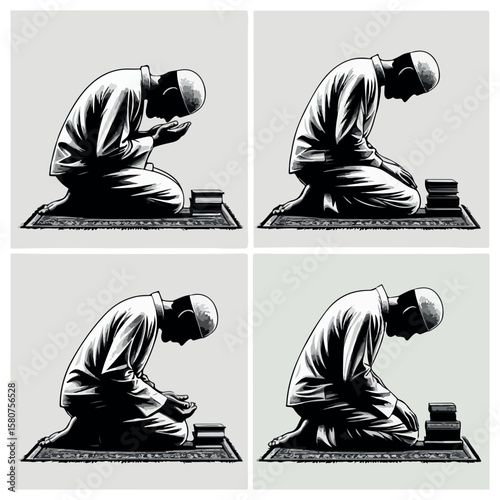  A muslim man praying in a posture of reverence vector with white baground 