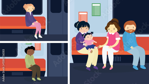 People waiting in the train. Vector illustration in flat cartoon style.