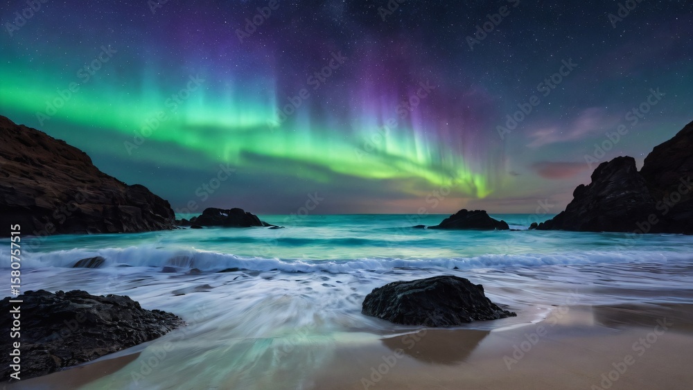 Obraz premium Vibrant aurora borealis illuminates the night sky over a tranquil beach with gentle waves and dark rocky formations