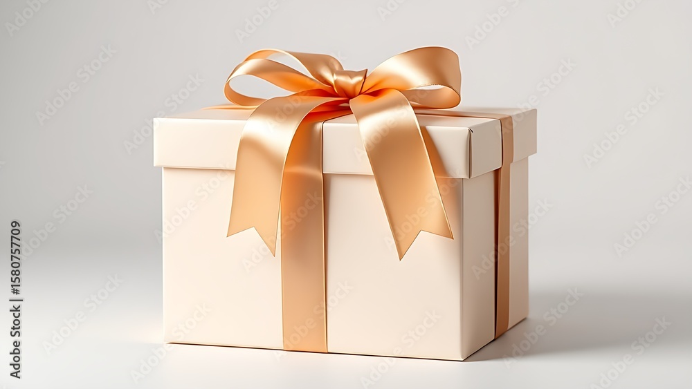 Obraz premium Luxurious gift box with satin ribbon and golden accents, presented in a studio setup.