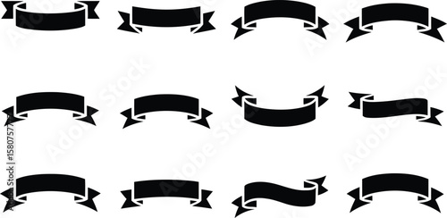 set of twelve black ribbon banners with varied shapes arranged in grid layout on white background for design and labeling use