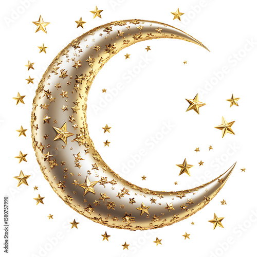 Golden crescent moon surrounded by golden stars