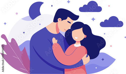 Romantic Couple Hugging Under Night Sky – Flat Vector Illustration