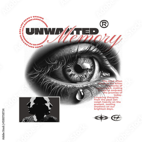 Unwanted Memory Illustration: A evocative illustration showcases an eye with tear on the cheek accompanied by text and shapes, conveying the weight of unwanted memories.