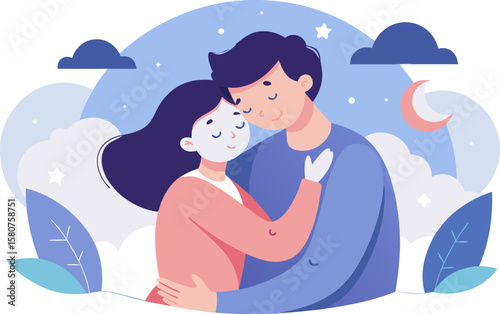 Romantic Couple Hugging Under Night Sky – Flat Vector Illustration