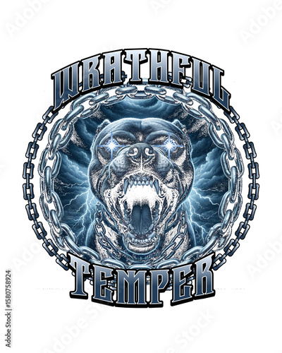 Wrathful Temper: A fierce pitbull graphic design with blazing eyes, surrounded by heavy chains and crackling electricity, embodies raw power and untamed aggression.