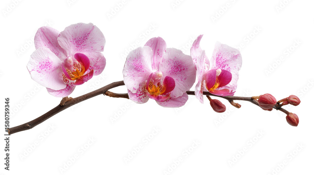 Obraz premium Beautiful pink orchids with buds on a branch, white isolated background.